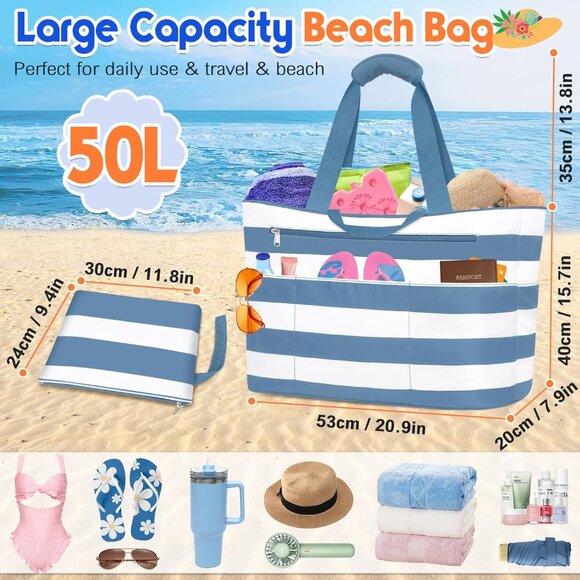 Women's Grey-blue White Waterproof Sandproof Xl Tote Zipper Foldable Beach Bags - Picture 4 of 8